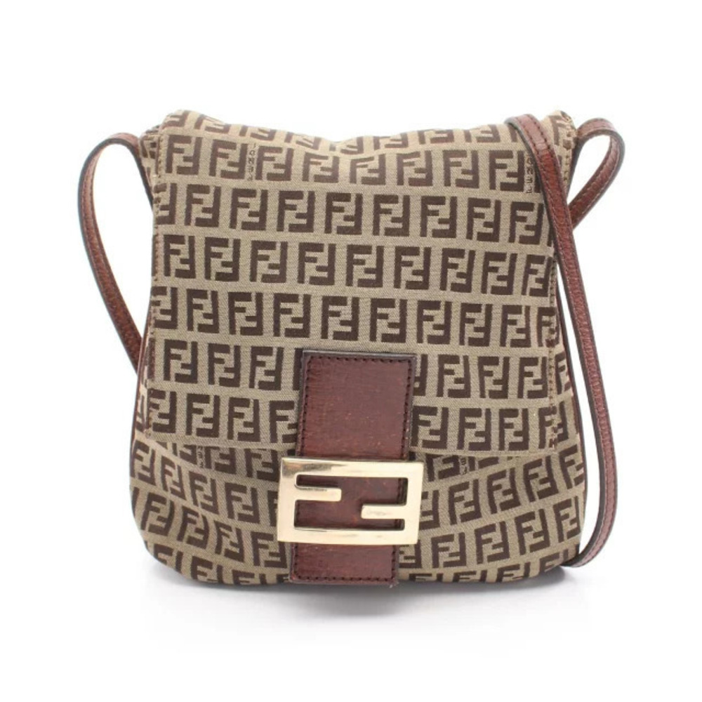 Fendi Zucchino Shoulder Bag Canvas Leather Beige Cream Brown